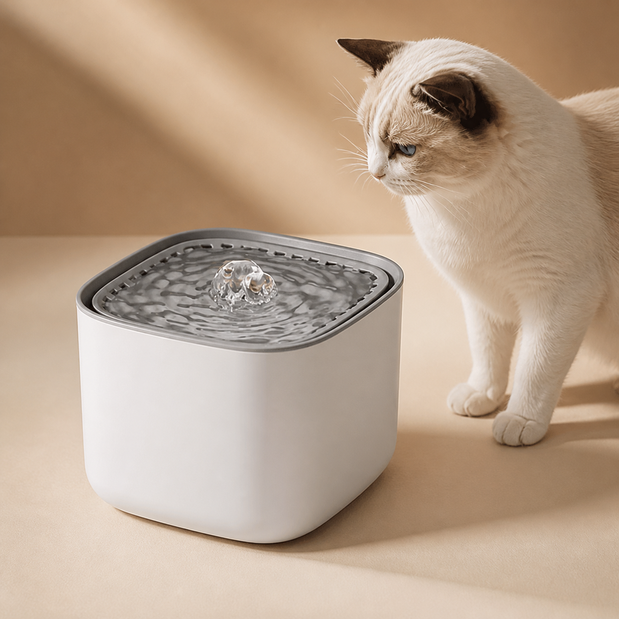 Miauva Drinking Fountain, a white cat water fountain beside a cream cat