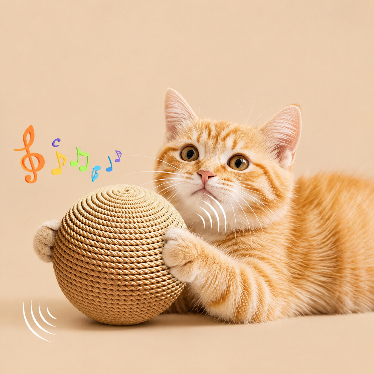 Miauva Play Ball, a hand-wrapped sisal ball being batted by a ginger cat