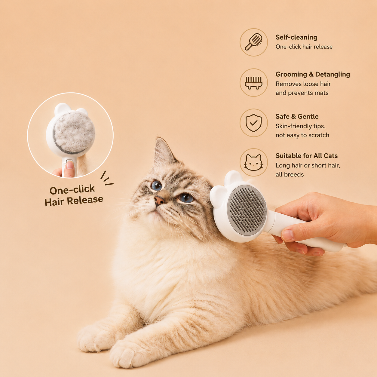 A calm cat being groomed with the Miauva Cleaning Brush, with its key benefits